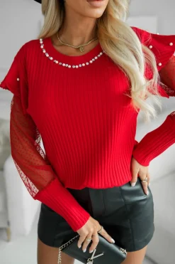 BLUZKA BAWEŁNIANA Z KOLIĄ I TIULOWYMI RĘKAWAMI W GROSZKI CZERWONA