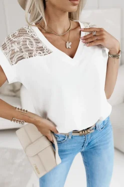 BLUZKA BAWEŁNIANA Z KORONKĄ BOHO ECRU