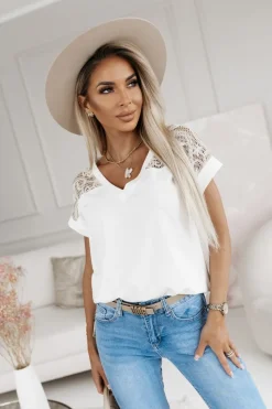 BLUZKA BAWEŁNIANA Z KORONKĄ BOHO ECRU