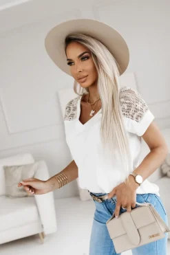 BLUZKA BAWEŁNIANA Z KORONKĄ BOHO ECRU