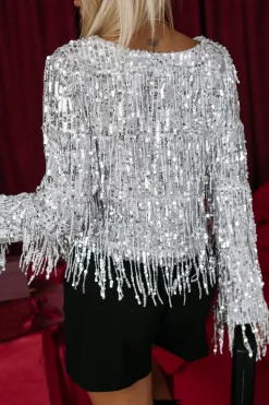 BLUZKA CEKINOWA GIORGIA Z FRĘDZLAMI SREBRNA