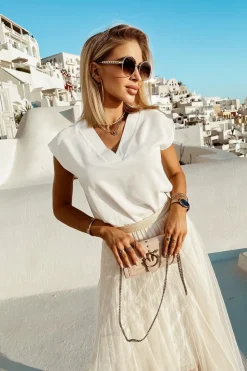 BLUZKA CLASSIC Z DEKOLTEM W SEREK BIAŁA