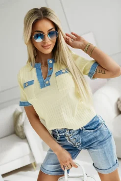 BLUZKA DZIANINOWA ROGER Z JEANSOWYMI WSTAWKAMI ŻÓŁTA