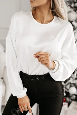 BLUZKA ELEGANCKA SATYNOWA Z SZEROKIMI RĘKAWAMI ŚMIETANKOWA