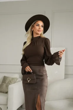 BLUZKA ELEGANCKA WIĄZANA Z TYŁU CZEKOLADOWA