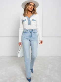 BLUZKA GINGER Z ŁĄCZONYCH MATERIAŁÓW BIAŁA/JEANS