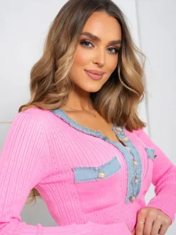 BLUZKA GINGER Z ŁĄCZONYCH MATERIAŁÓW RÓŻOWA/JEANS