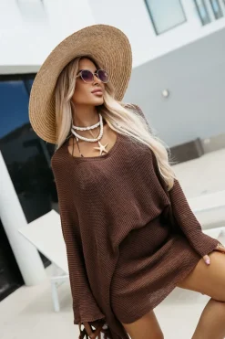 BLUZKA JOKA OVERSIZE PLAŻOWA DZIANINOWA BRĄZOWA