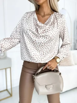 BLUZKA KOSZULOWA ALICE Z LEJĄCYM DEKOLTEM TYPU WODA BEŻOWA W KROPKI
