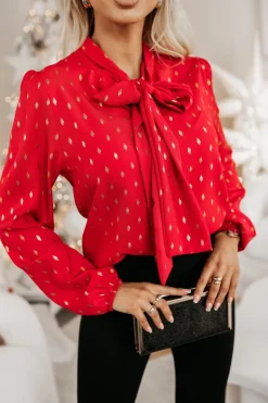BLUZKA KOSZULOWA ANNA Z KRAWATKĄ CZERWONA W ZŁOTE PLAMKI