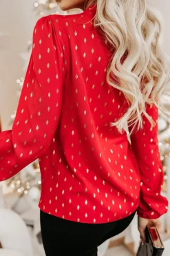 BLUZKA KOSZULOWA ANNA Z KRAWATKĄ CZERWONA W ZŁOTE PLAMKI