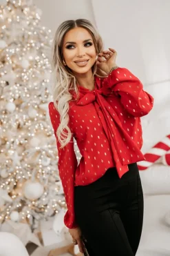 BLUZKA KOSZULOWA ANNA Z KRAWATKĄ CZERWONA W ZŁOTE PLAMKI