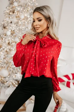BLUZKA KOSZULOWA ANNA Z KRAWATKĄ CZERWONA W ZŁOTE PLAMKI