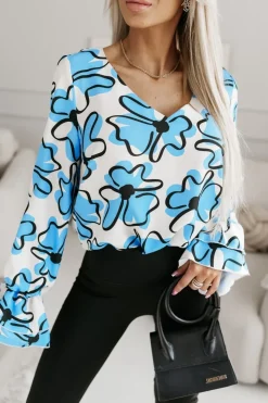 BLUZKA KOSZULOWA ASTRIA BEŻOWO-NIEBIESKA W KWIATY