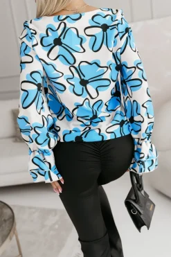 BLUZKA KOSZULOWA ASTRIA BEŻOWO-NIEBIESKA W KWIATY