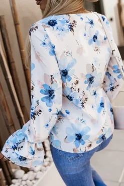 BLUZKA KOSZULOWA ASTRIA BIAŁA W NIEBIESKIE KWIATY