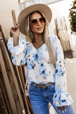 BLUZKA KOSZULOWA ASTRIA BIAŁA W NIEBIESKIE KWIATY