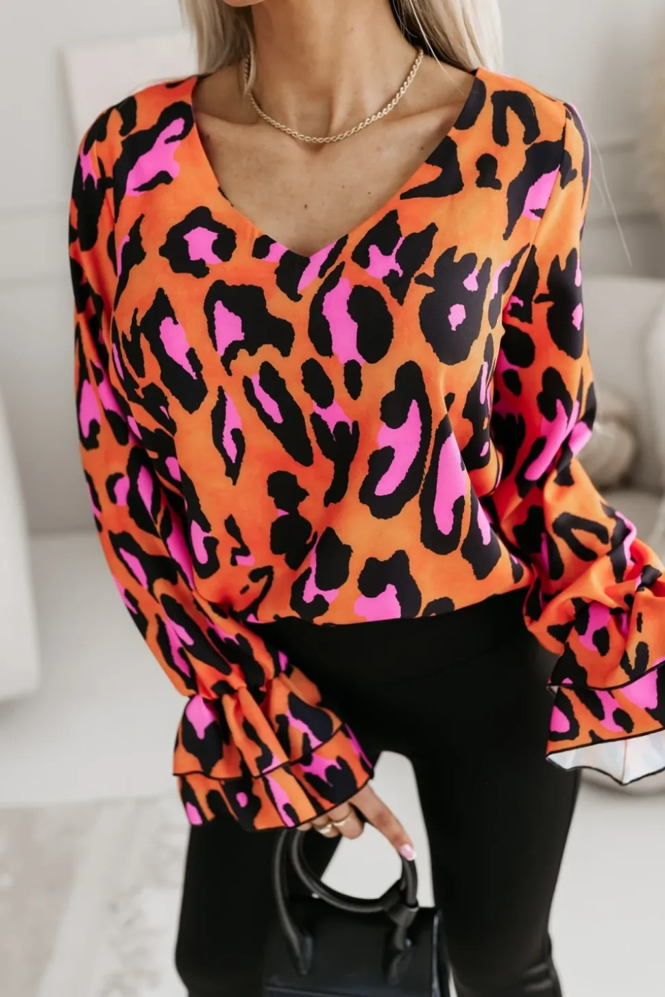 BLUZKA KOSZULOWA ASTRIA PANTERKA POMARAŃCZOWO-CZARNA