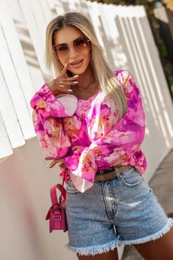 BLUZKA KOSZULOWA ASTRIA RÓŻOWA W KWIATY