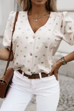 BLUZKA KOSZULOWA BELLA Z BUFKAMI BEŻOWA W PASTELOWE SERDUSZKA