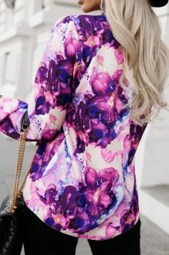 BLUZKA KOSZULOWA BONA BEŻOWO-JAGODOWA W KWIATY