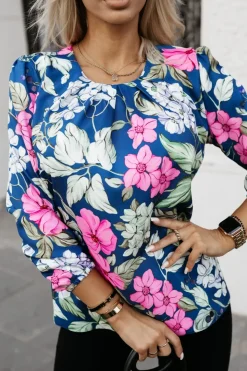 BLUZKA KOSZULOWA BONA GRANATOWO-RÓŻOWA W KWIATY
