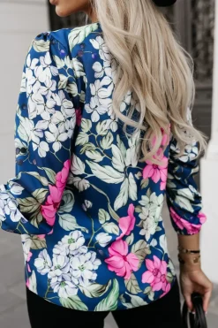 BLUZKA KOSZULOWA BONA GRANATOWO-RÓŻOWA W KWIATY