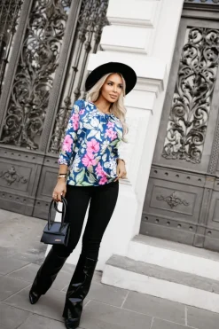 BLUZKA KOSZULOWA BONA GRANATOWO-RÓŻOWA W KWIATY