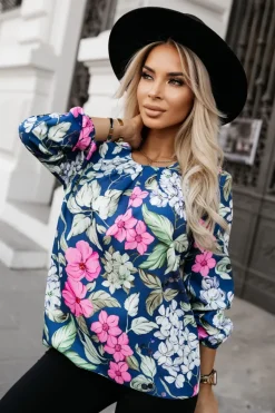 BLUZKA KOSZULOWA BONA GRANATOWO-RÓŻOWA W KWIATY