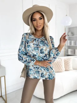 BLUZKA KOSZULOWA BONA W KWIATY BEŻOWO-BŁĘKITNA