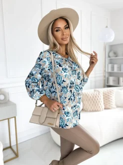 BLUZKA KOSZULOWA BONA W KWIATY BEŻOWO-BŁĘKITNA