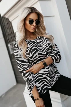 BLUZKA KOSZULOWA BONA ZEBRA BEŻOWO-CZARNA