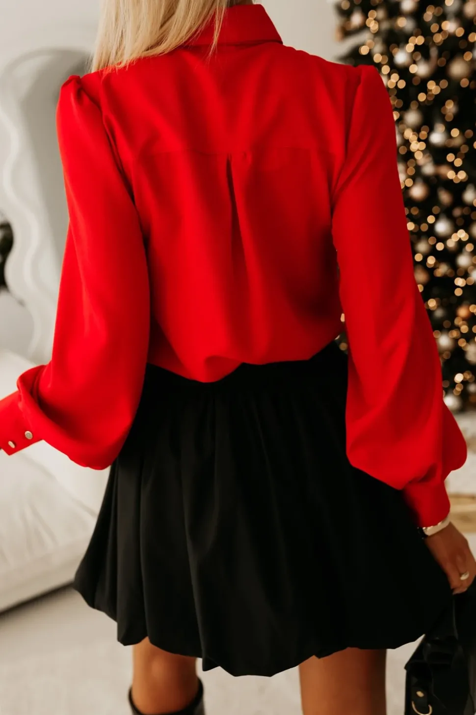 BLUZKA KOSZULOWA BOW WIĄZANA POD SZYJĄ W KOKARDĘ CZERWONA