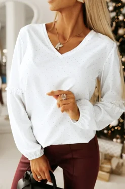 BLUZKA KOSZULOWA DIANA ZDOBIONA SREBRNYMI CEKINAMI BIAŁA