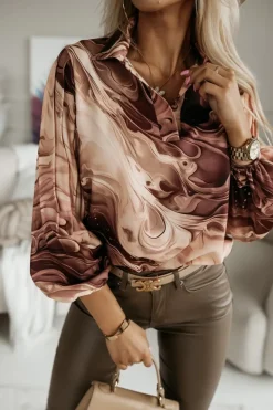 BLUZKA KOSZULOWA EDITH Z PLISOWANYMI RĘKAWAMI BRĄZOWA