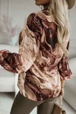 BLUZKA KOSZULOWA EDITH Z PLISOWANYMI RĘKAWAMI BRĄZOWA