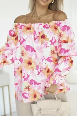 BLUZKA KOSZULOWA INEZ HISZPANKA MORELOWO-RÓŻOWA W KWIATY