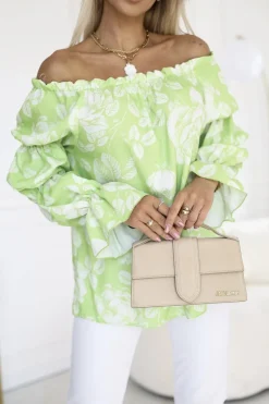 BLUZKA KOSZULOWA INEZ HISZPANKA LIMONKOWO-BIAŁA