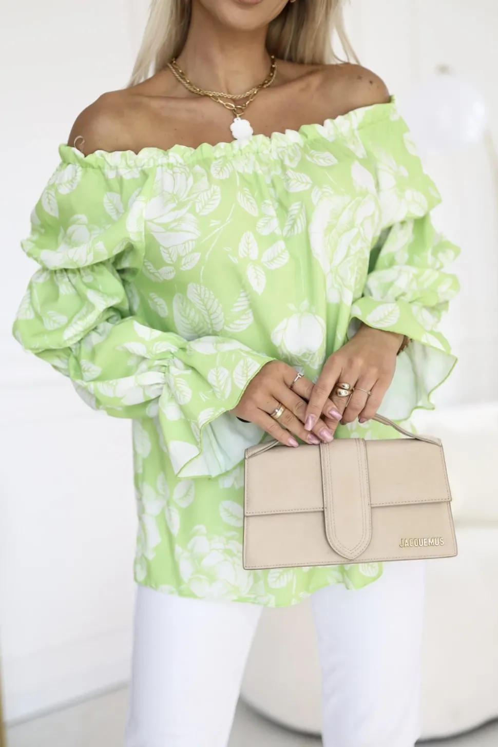 BLUZKA KOSZULOWA INEZ HISZPANKA LIMONKOWO-BIAŁA