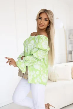 BLUZKA KOSZULOWA INEZ HISZPANKA LIMONKOWO-BIAŁA