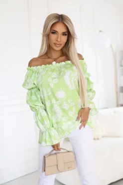 BLUZKA KOSZULOWA INEZ HISZPANKA LIMONKOWO-BIAŁA