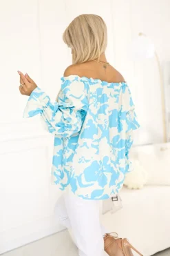 BLUZKA KOSZULOWA INEZ HISZPANKA BEŻOWO-NIEBIESKA W KWIATY