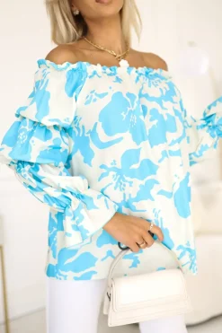 BLUZKA KOSZULOWA INEZ HISZPANKA BEŻOWO-NIEBIESKA W KWIATY