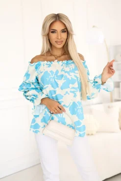 BLUZKA KOSZULOWA INEZ HISZPANKA BEŻOWO-NIEBIESKA W KWIATY