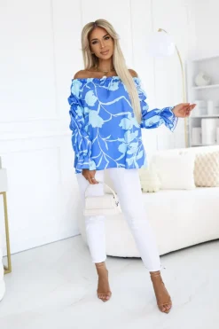 BLUZKA KOSZULOWA INEZ HISZPANKA NIEBIESKO-LAZUROWA