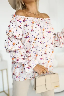 BLUZKA KOSZULOWA INEZ HISZPANKA BEŻOWO-POMARAŃCZOWA W KWIATY