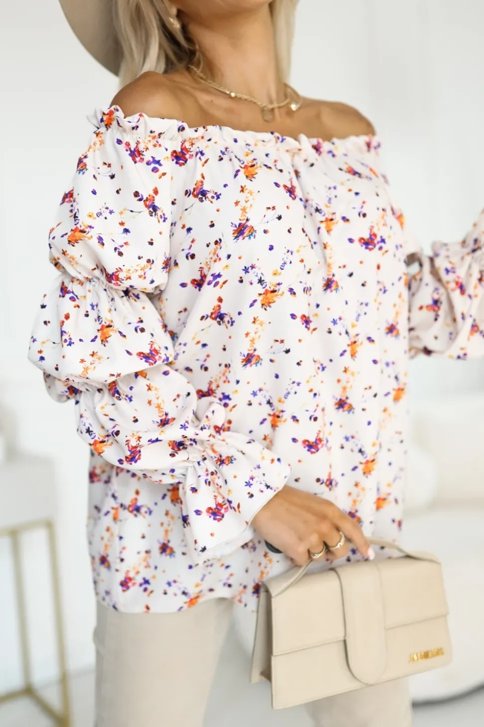 BLUZKA KOSZULOWA INEZ HISZPANKA BEŻOWO-POMARAŃCZOWA W KWIATY