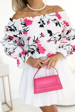BLUZKA KOSZULOWA INEZ HISZPANKA BIAŁO-RÓŻOWA W KWIATY