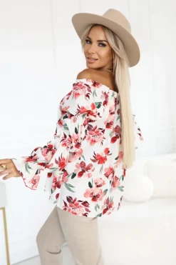 BLUZKA KOSZULOWA INEZ HISZPANKA BEŻOWO-BORDOWA W KWIATY