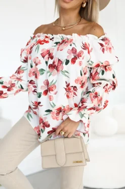 BLUZKA KOSZULOWA INEZ HISZPANKA BEŻOWO-BORDOWA W KWIATY